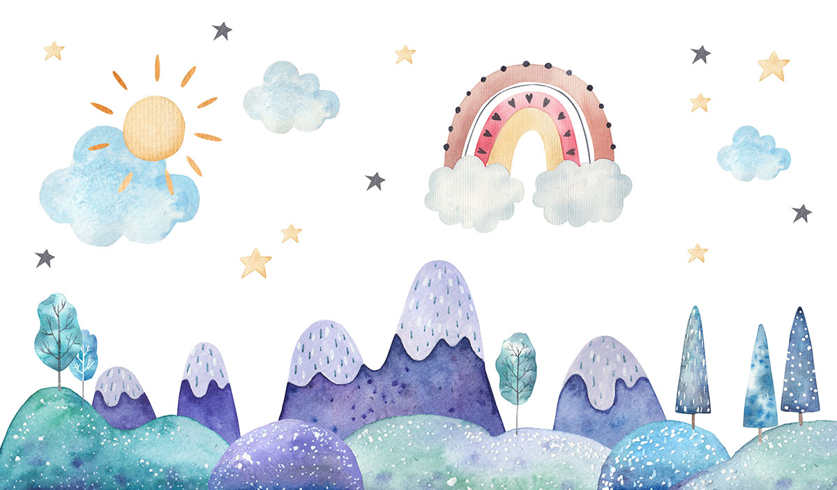 Watercolor mountains and rainbows and clouds
