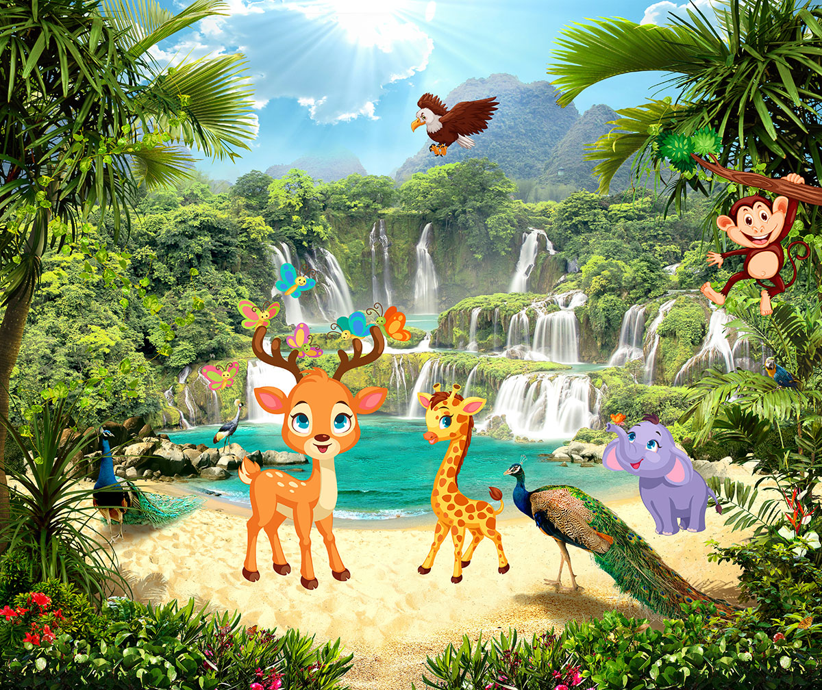 A cartoon of animals in a tropical forest