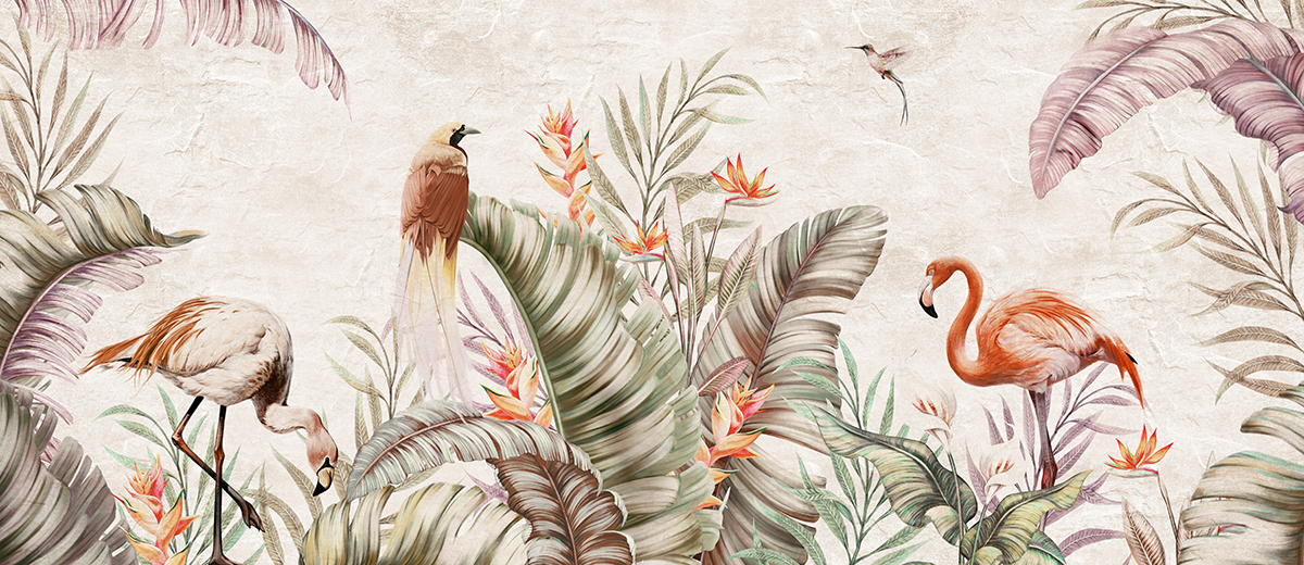 A wallpaper with birds and tropical plants