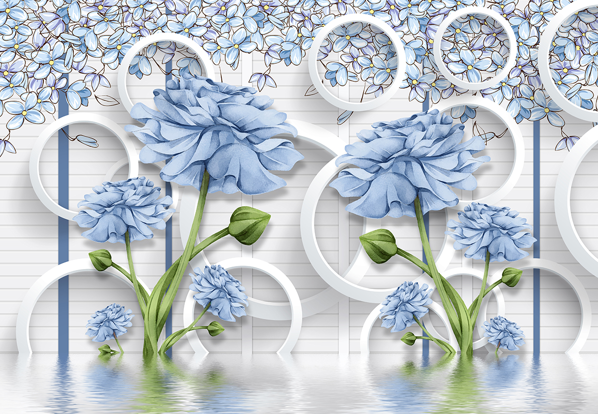 A mural of blue flowers and white circles