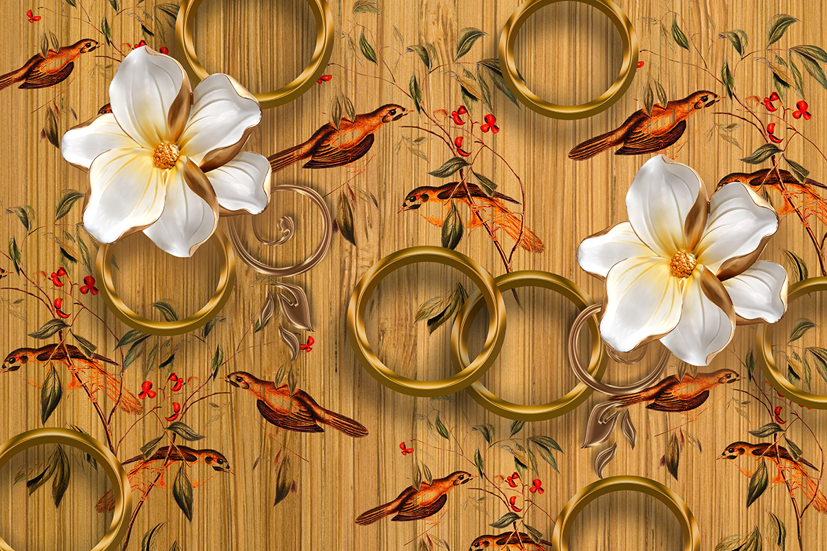 A wallpaper with flowers and birds