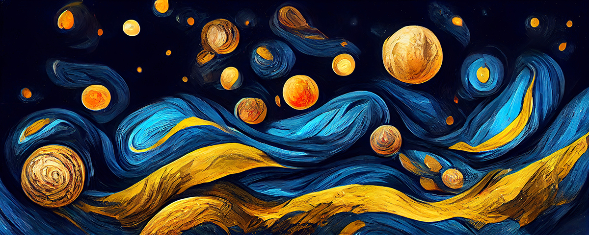 A painting of planets and waves