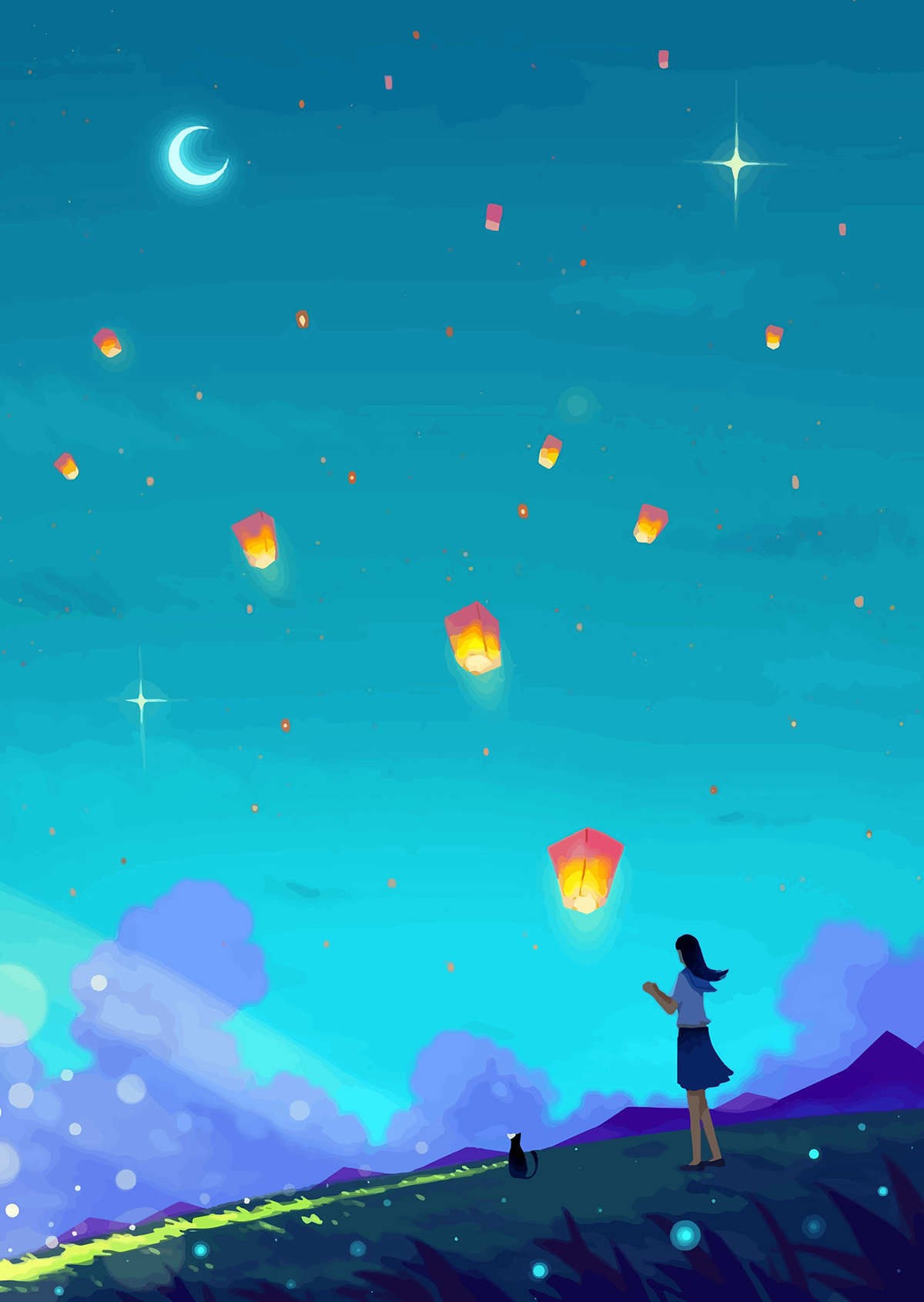 A girl standing on a hill with lanterns flying in the sky