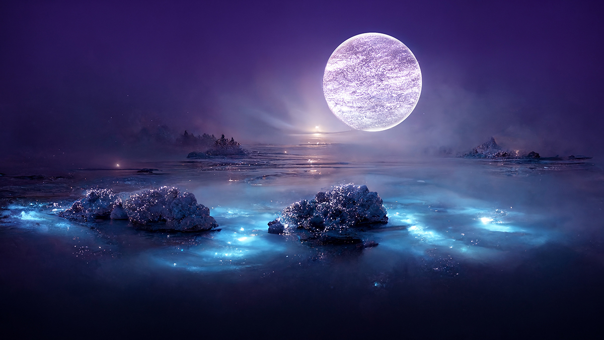 A moon over water with rocks and trees