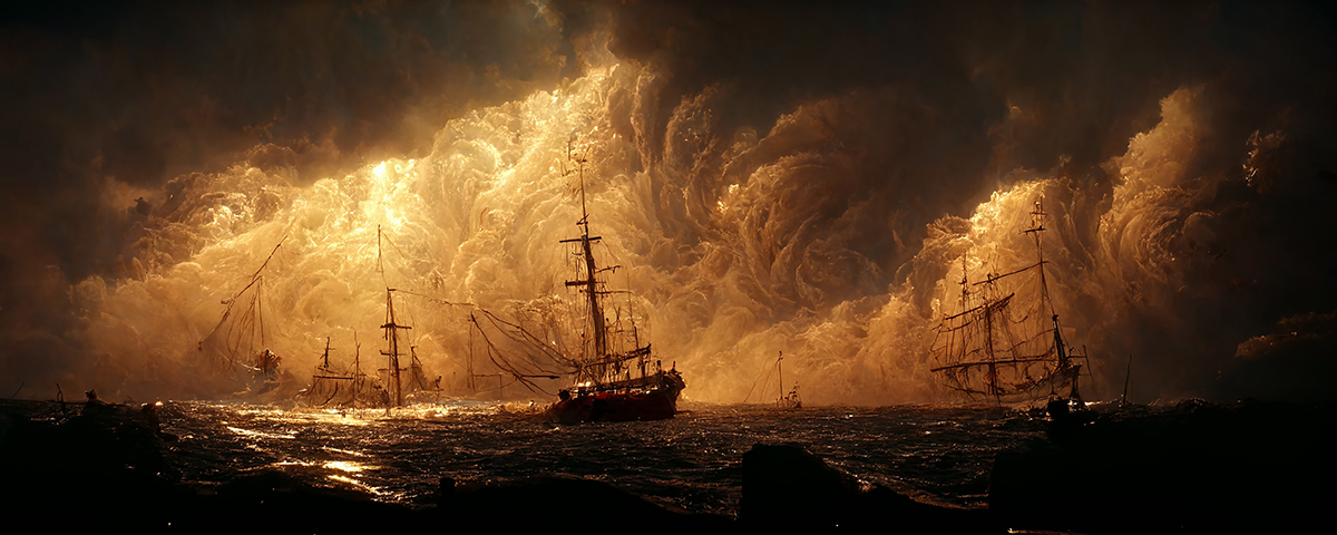 A large wave of water with a ship in the water