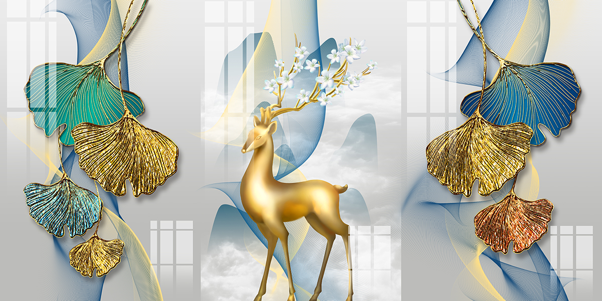 A gold deer with flowers on horns