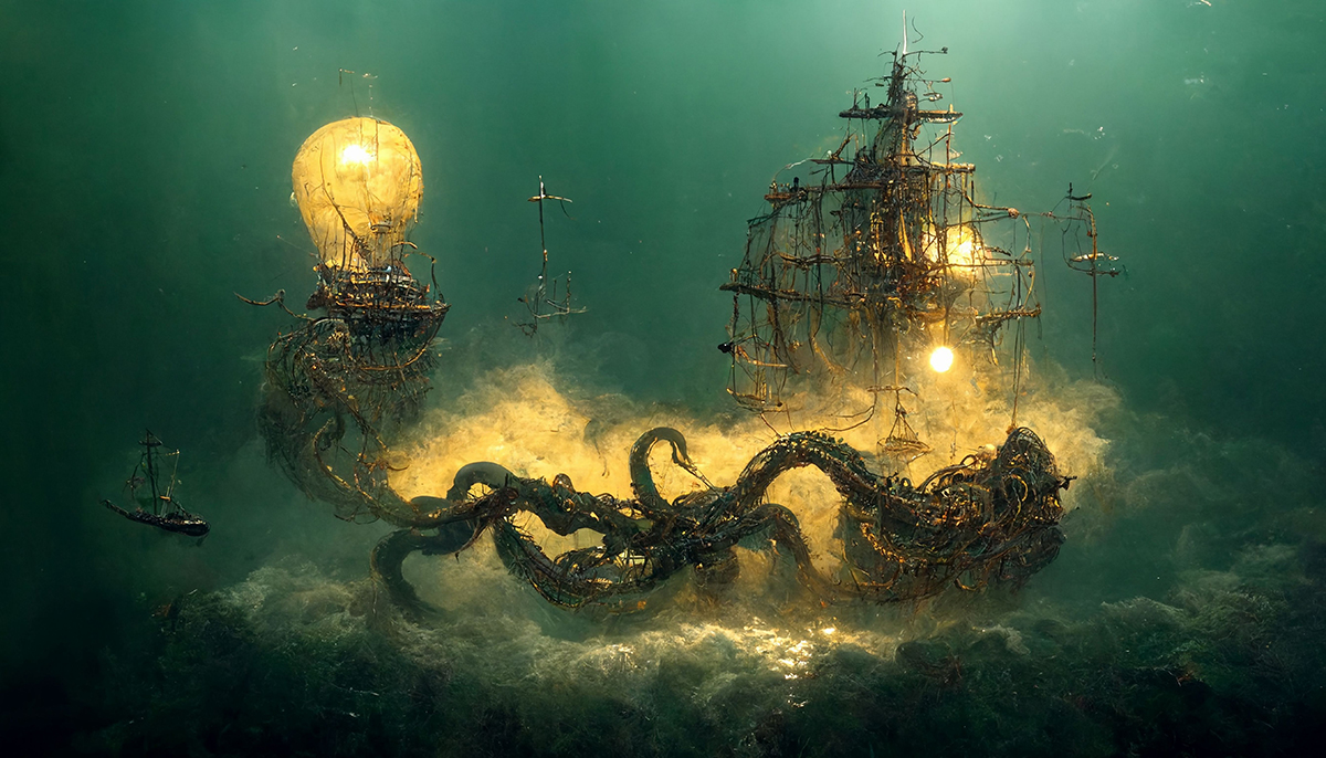 A ship and octopus under water