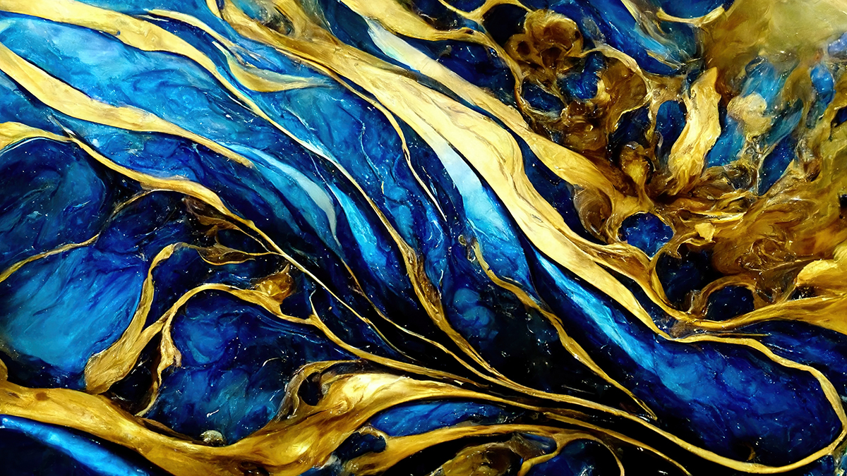 A blue and gold liquid with gold streaks