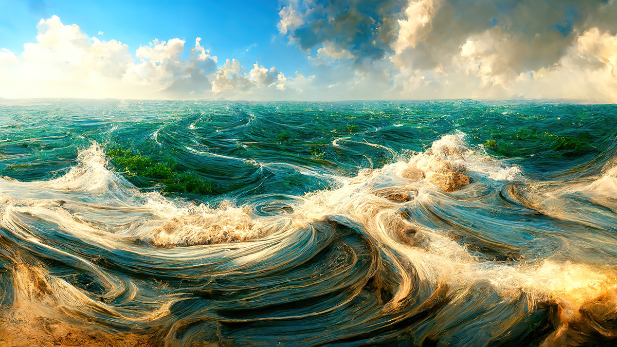 Waves in the ocean with waves and grass