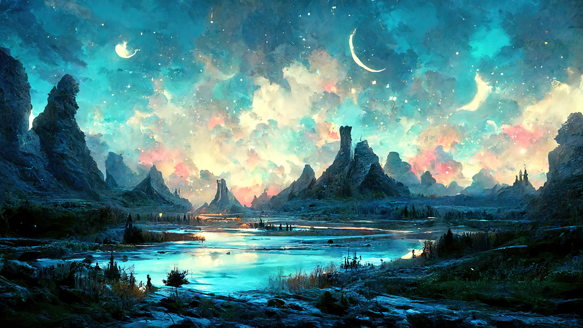 A landscape with a river and mountains and a crescent moon