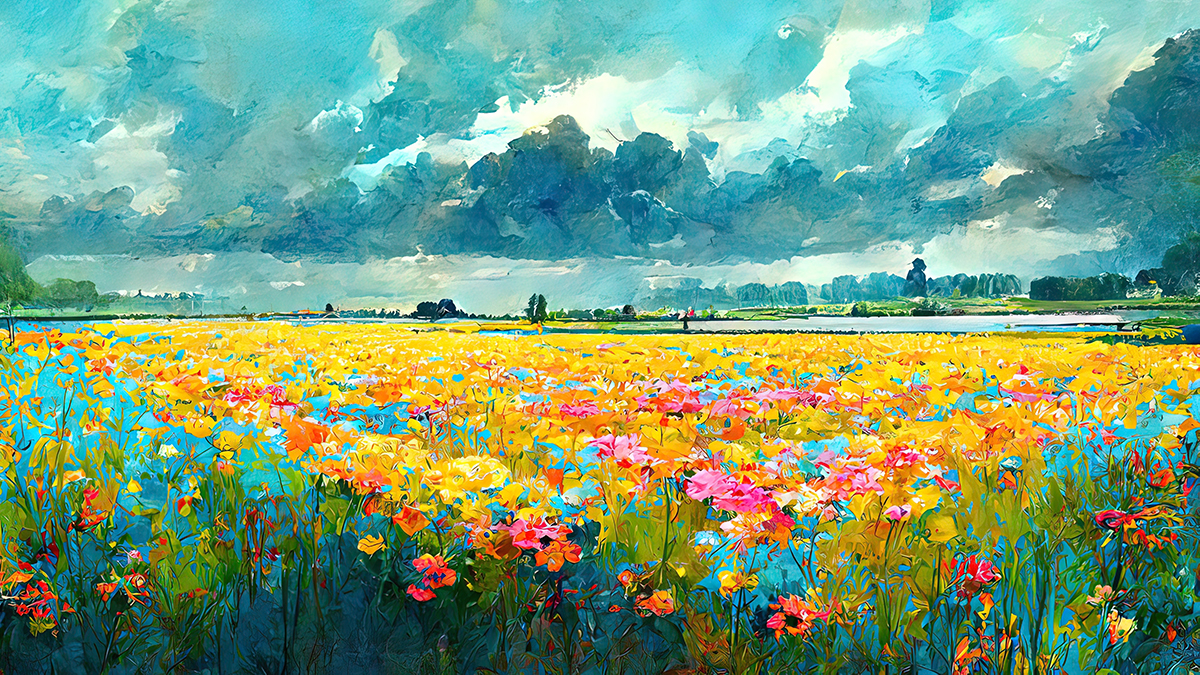 A field of flowers with clouds in the sky