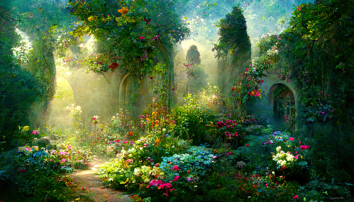 A garden with flowers and trees