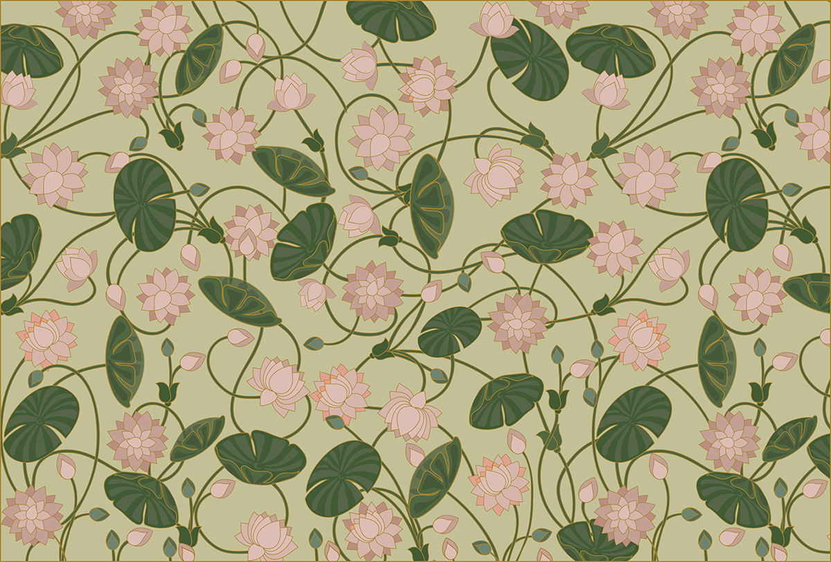 A pattern of pink flowers and green leaves