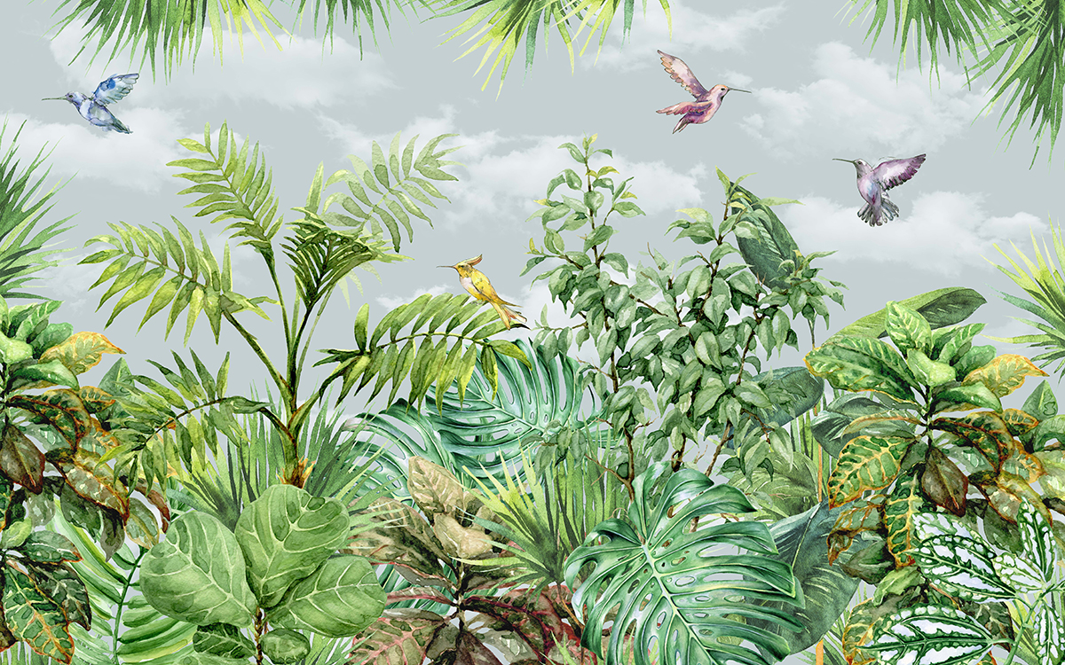 A group of birds flying over a group of plants