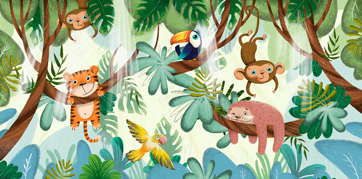 Animals in Jungle Cartoon Wallpaper for Kids Room