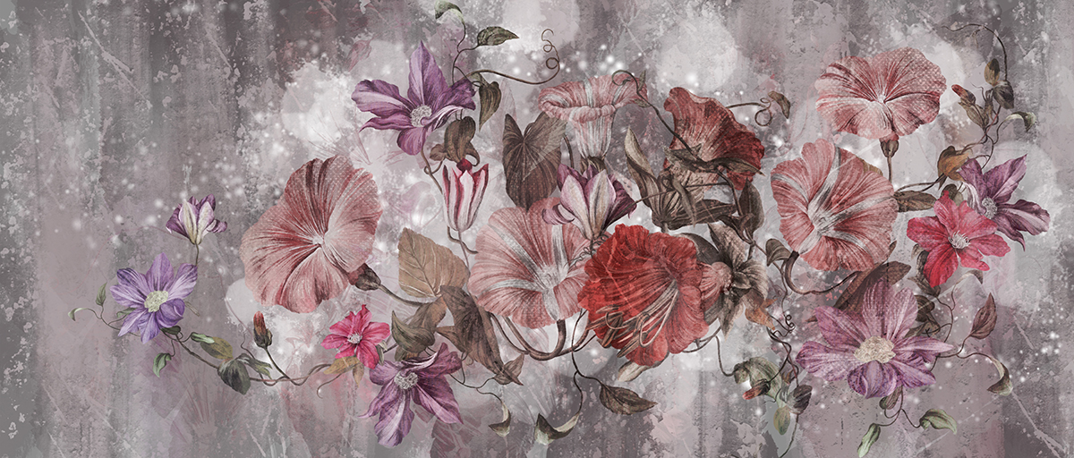 A painting of flowers on a grey background
