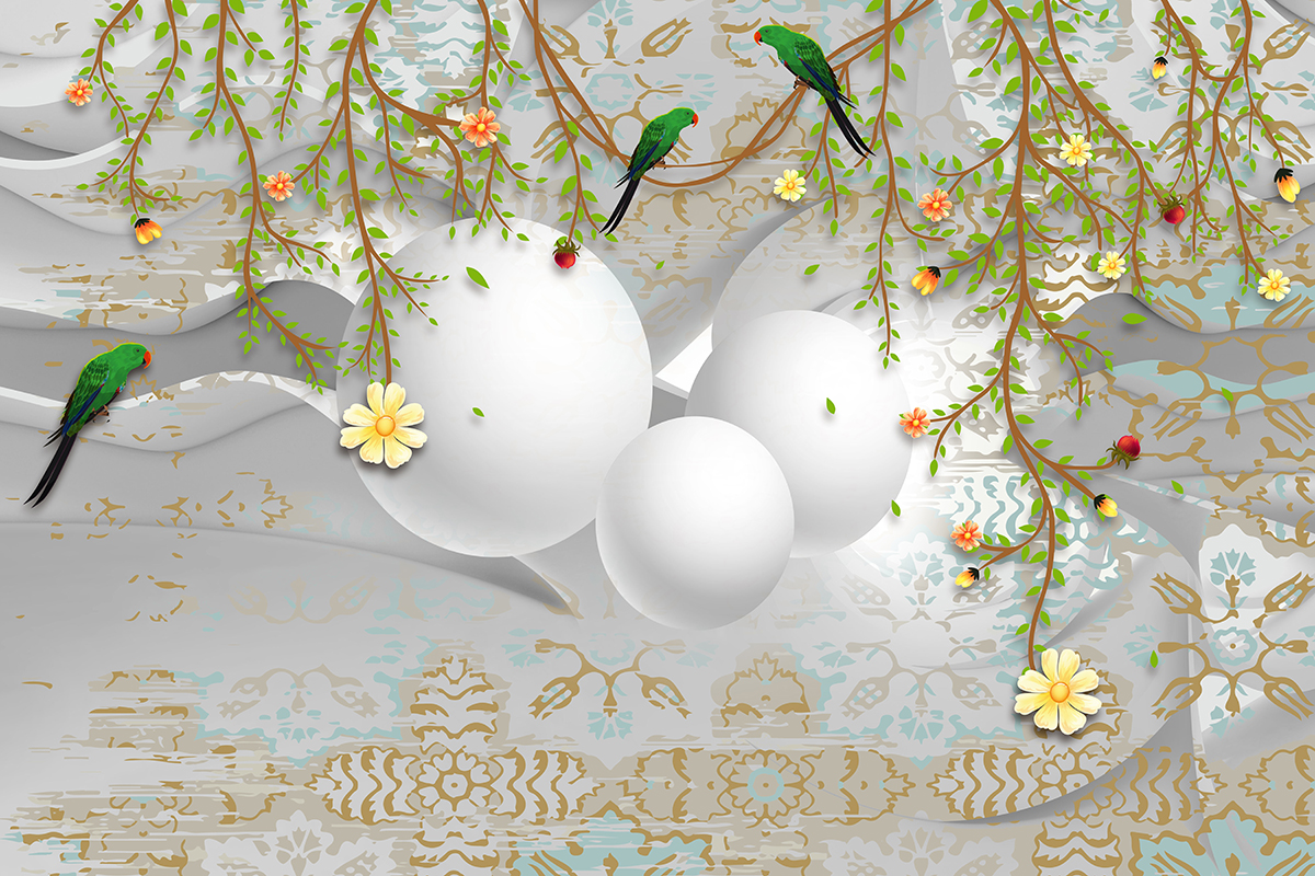 A birds on a branch with white balloons and flowers