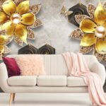 A wallpaper with gold flowers and diamonds