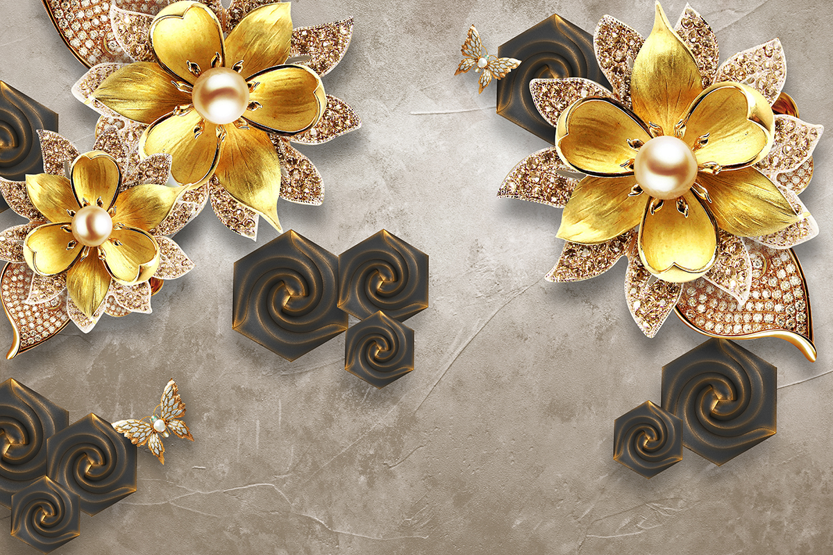A wallpaper with gold flowers and diamonds