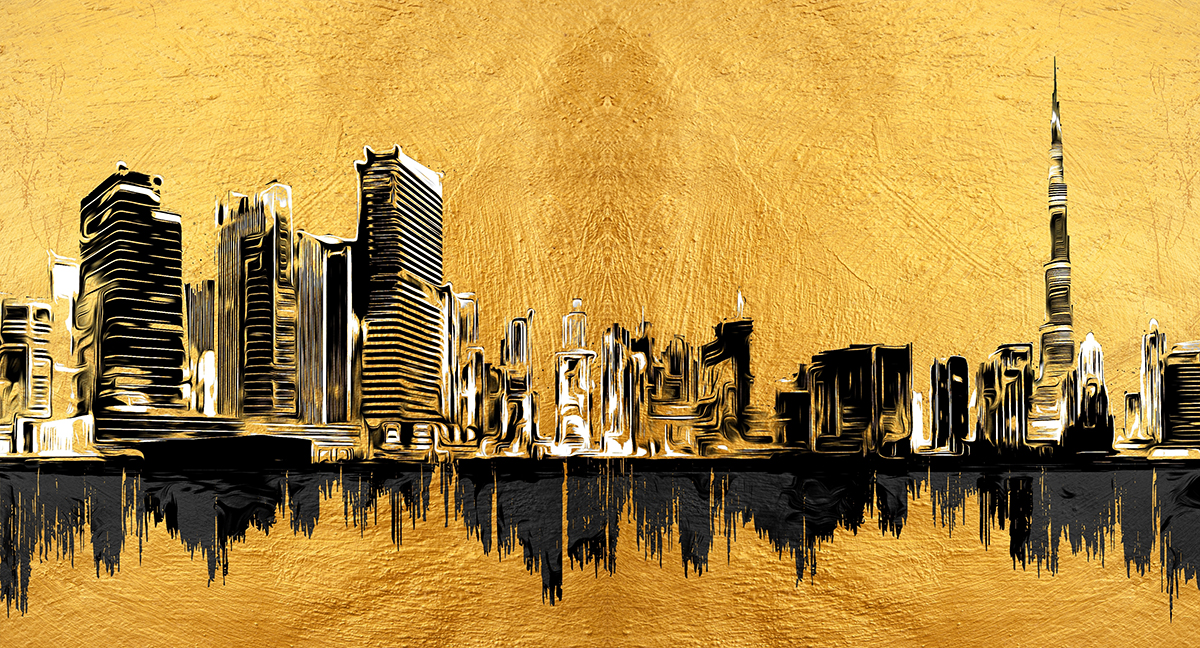 A gold city skyline with black and white paint