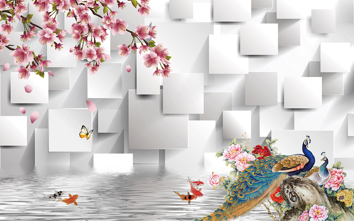 A wallpaper with a bird and flowers