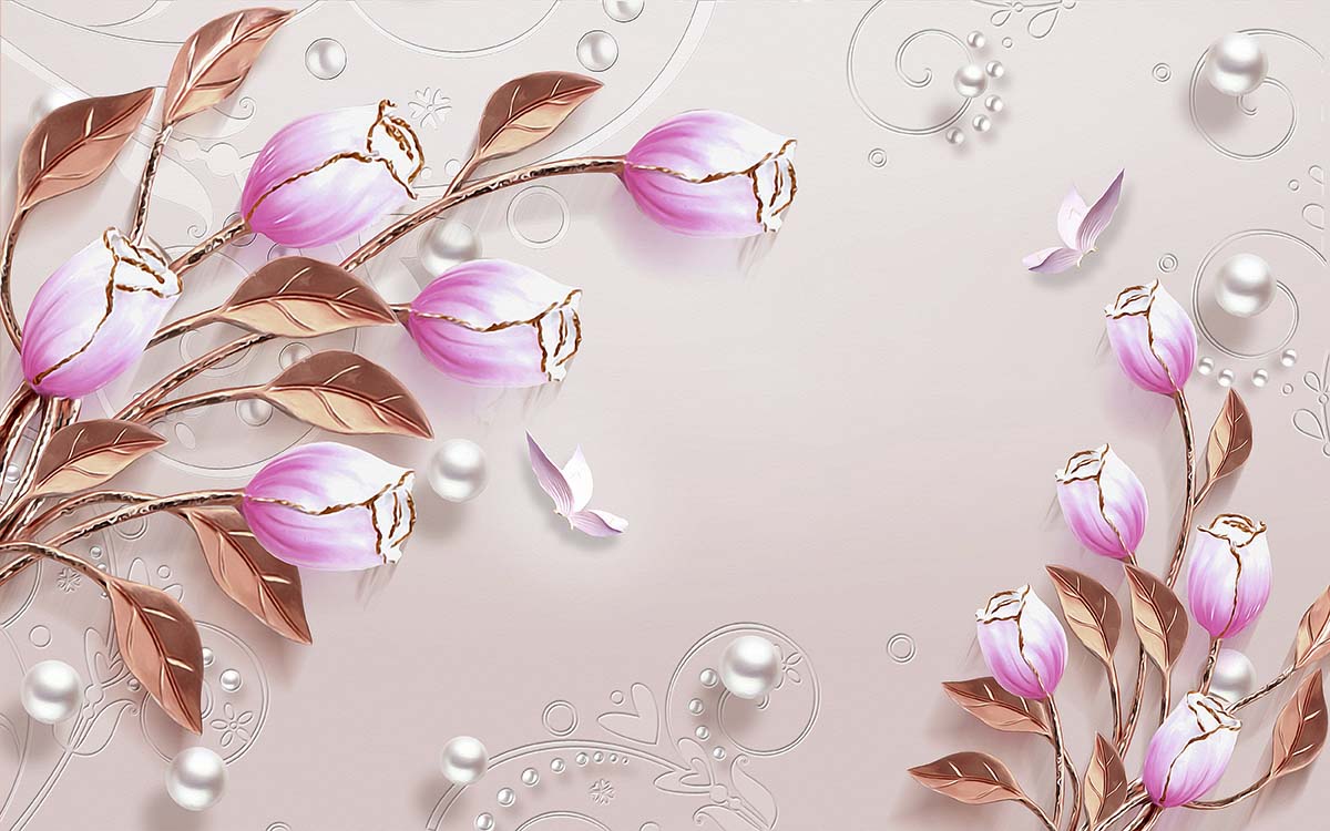A pink flowers and butterflies on a white background