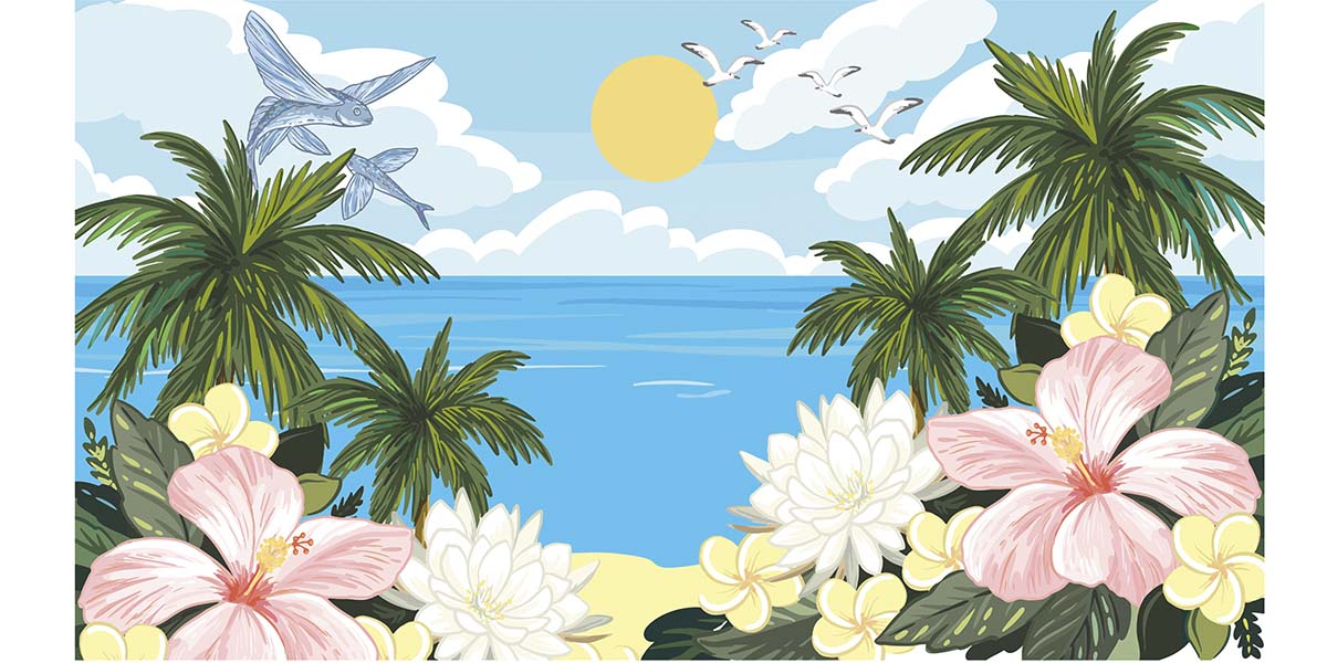 A beach with palm trees and flowers