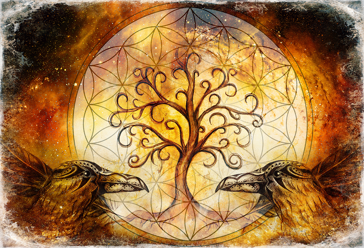 A drawing of two birds and a tree of life