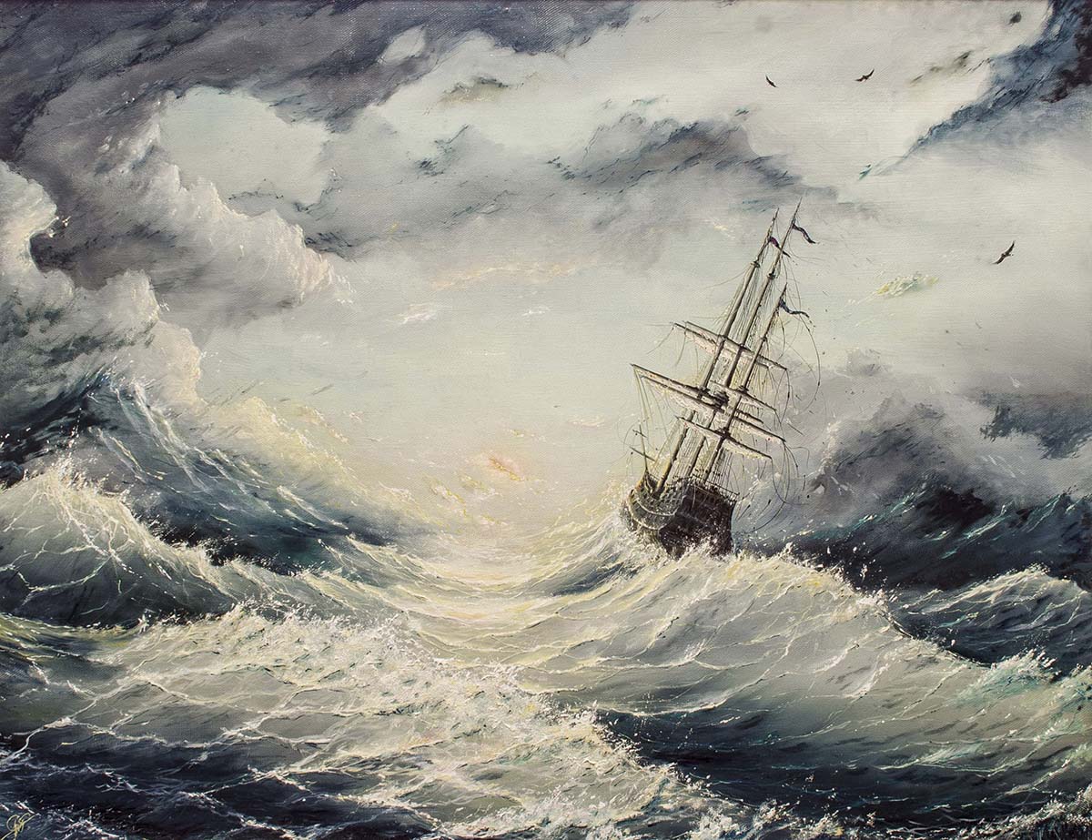 A painting of a ship in a stormy sea