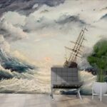 A painting of a ship in a stormy sea