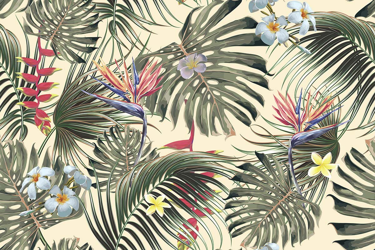 A pattern of tropical leaves and flowers