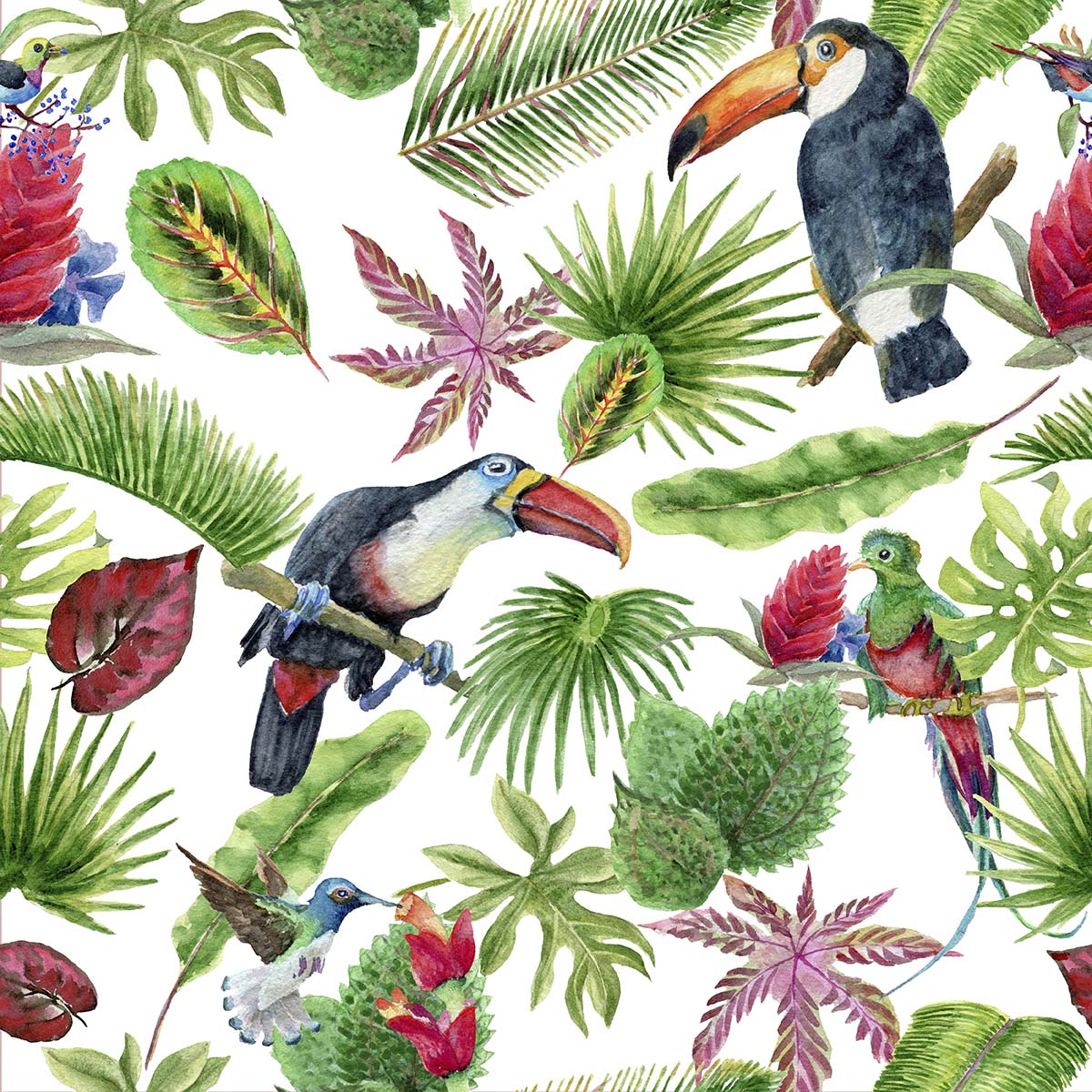 A pattern of birds and leaves