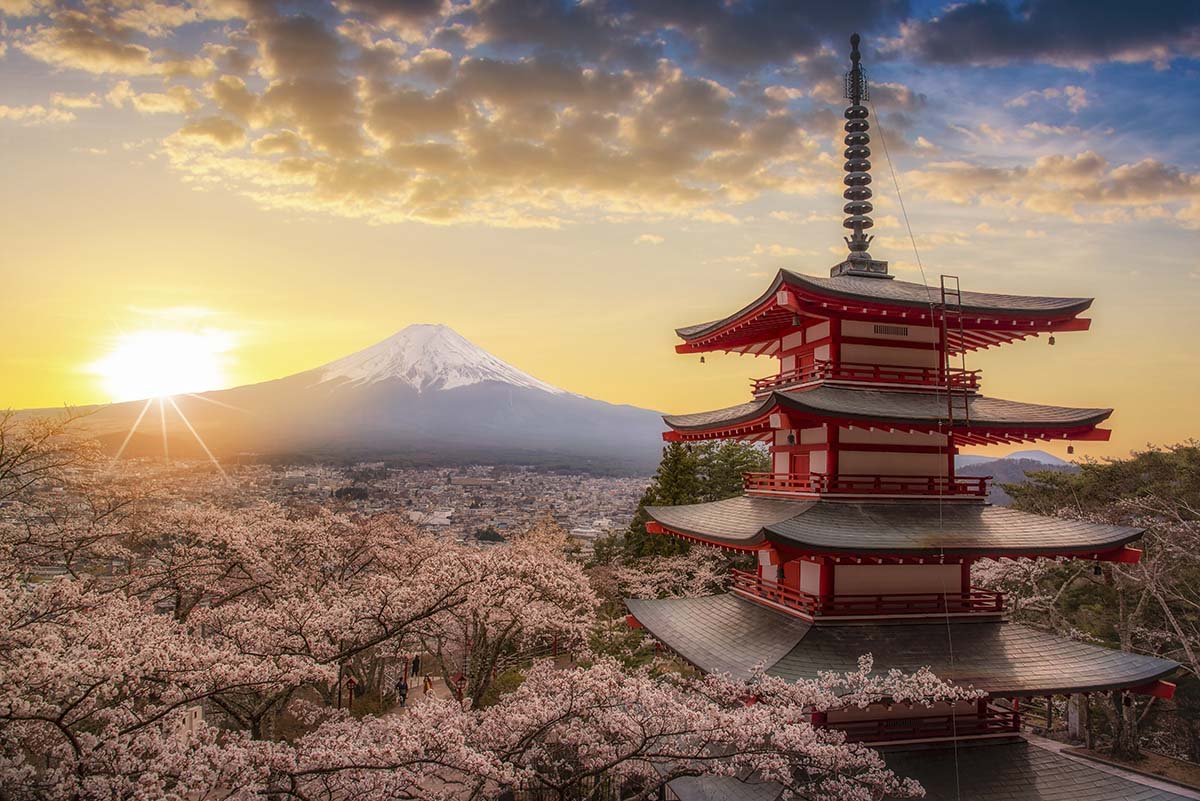 A pagoda with cherry blossoms in front of a mountain