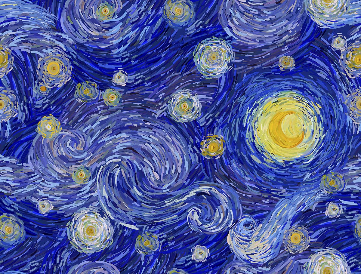 A painting of stars and circles in a starry night sky