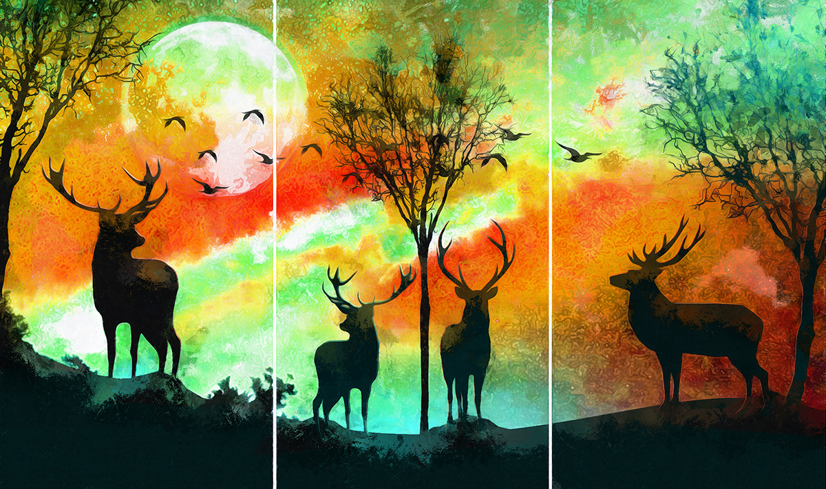 A group of deer with antlers and trees in front of a colorful sunset