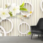 A wallpaper with white flowers and butterflies