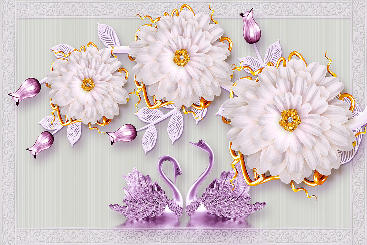 A wallpaper with flowers and swans