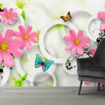A pink flowers and butterflies on a white background