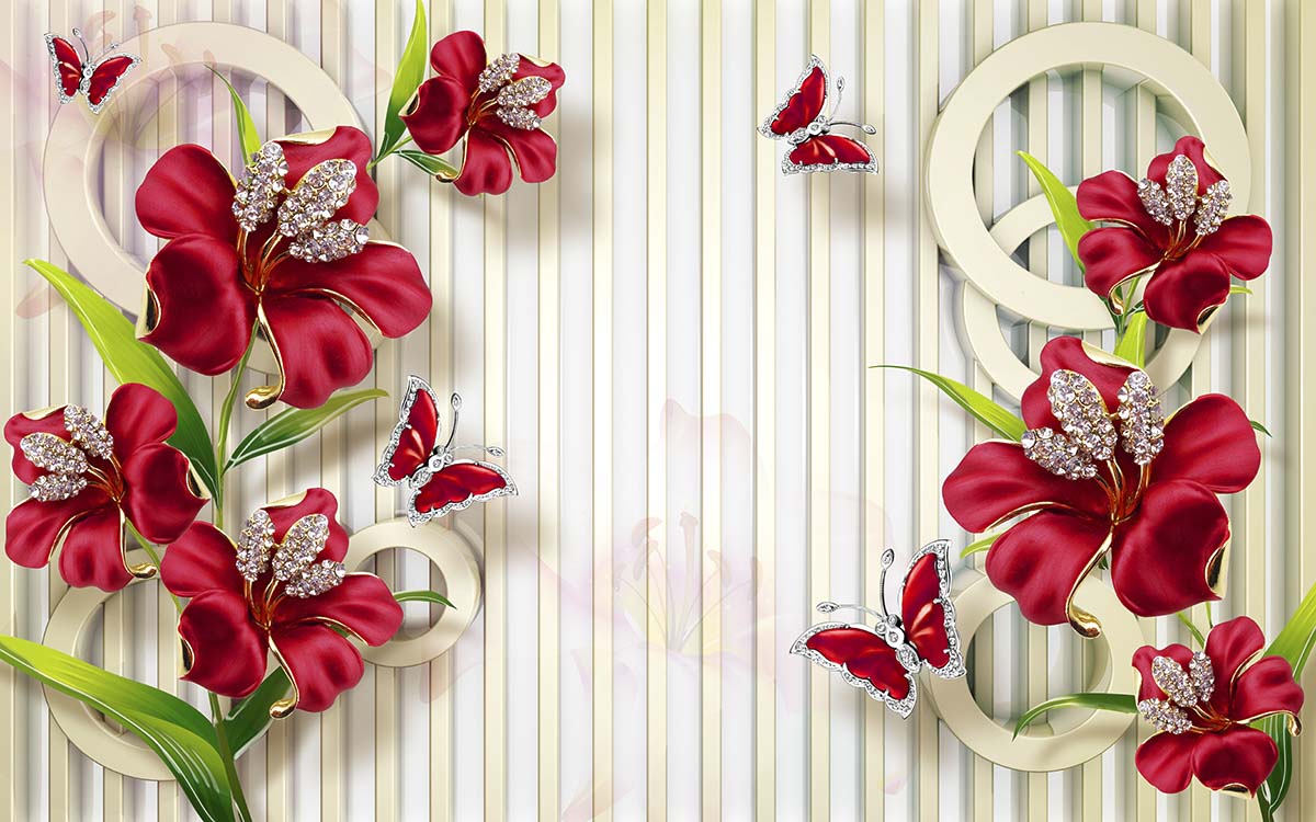 A wallpaper with red flowers and butterflies