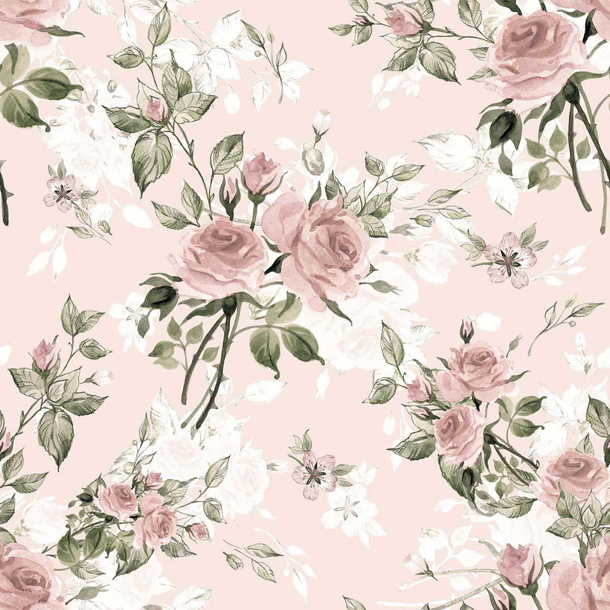 A pattern of pink roses and green leaves