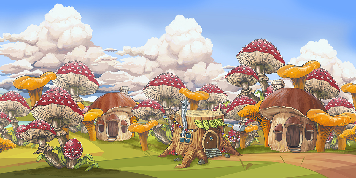 A cartoon landscape with mushrooms and a tree stump