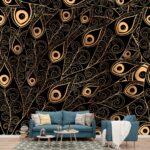 Gold and Black Feather Patterned Wallpaper for Wall