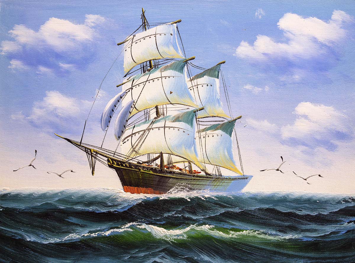 A painting of a ship in the ocean