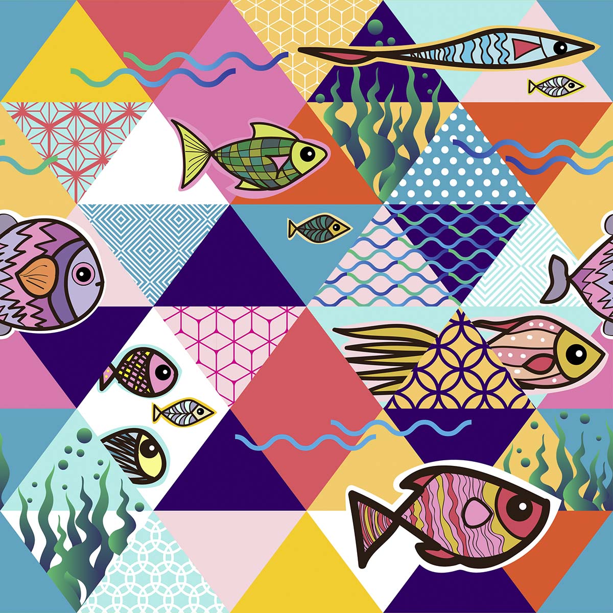 A colorful pattern with fish and water