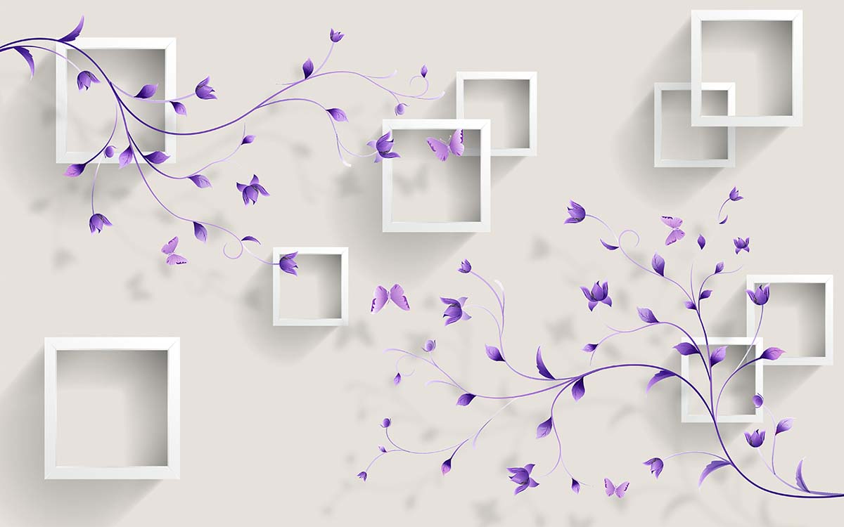 A wall with purple flowers and white squares