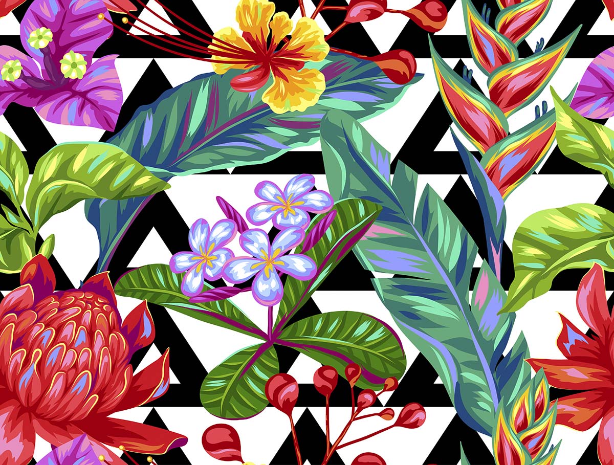 A colorful flowers and leaves on a black and white background