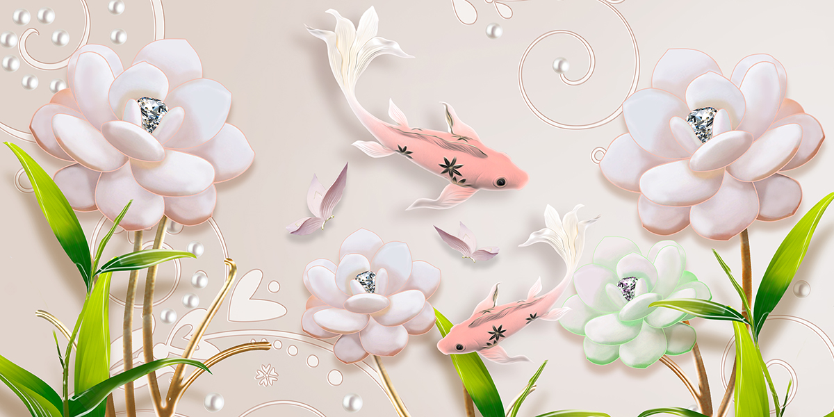A wallpaper with fish and flowers