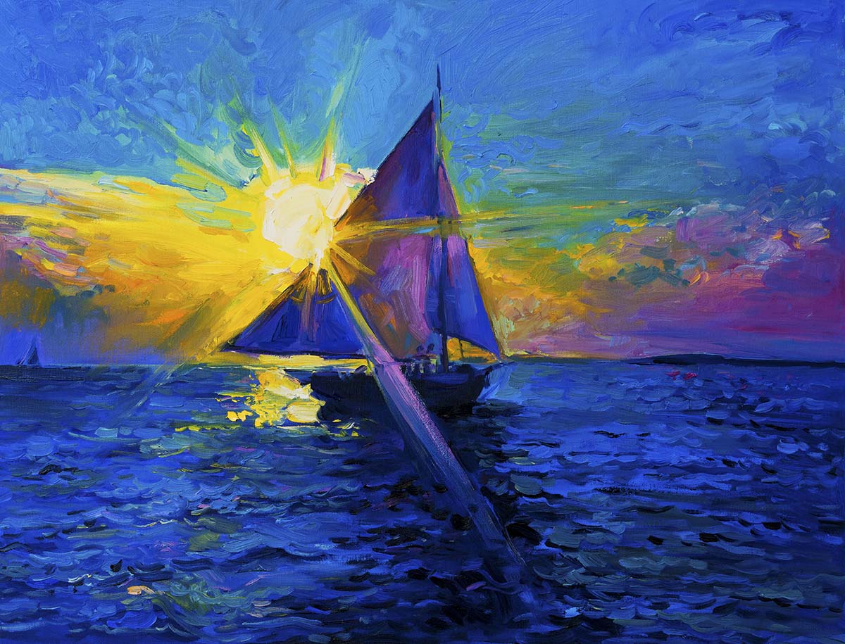 A painting of a sailboat in the ocean