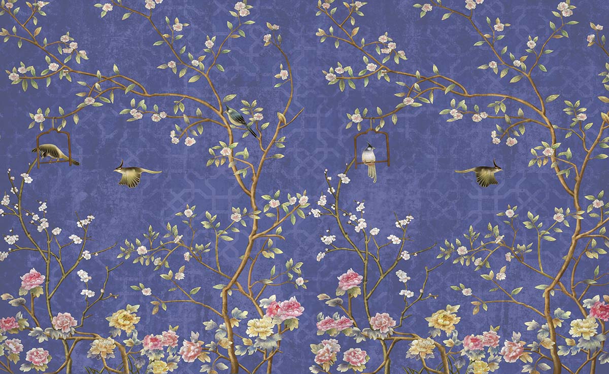 A wallpaper with birds on branches and flowers