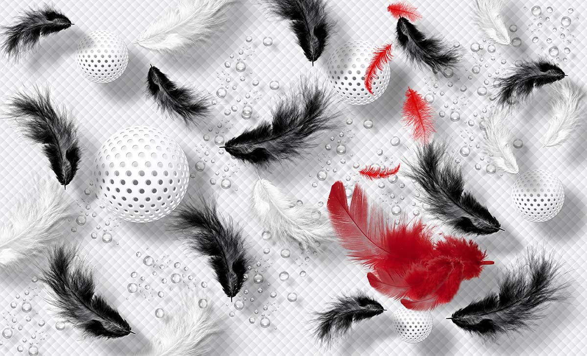 A red and black feathers and golf balls